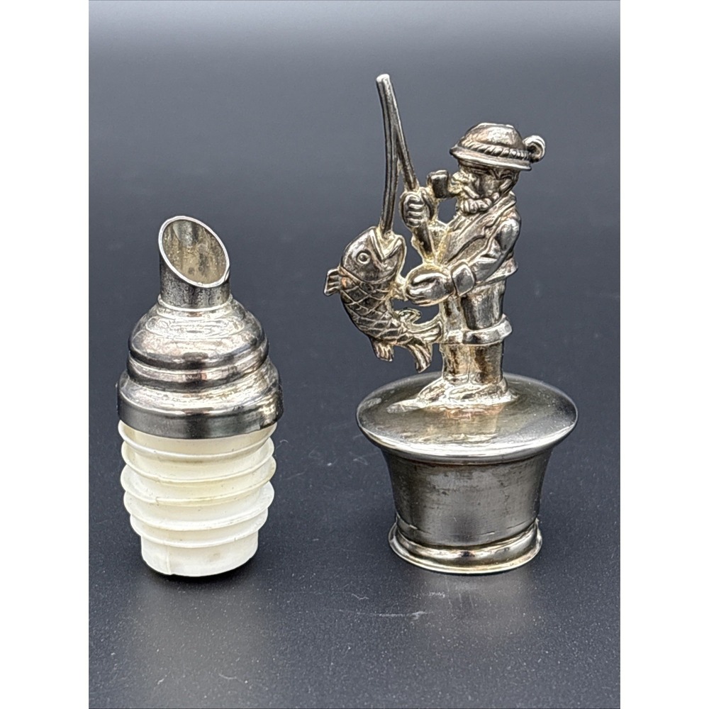 Vintage Italian Silver Plated Fisherman Bottle Stopper 2 Piece with Spout